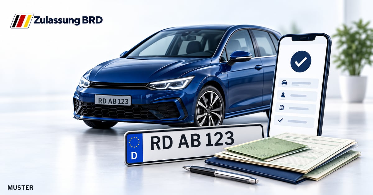Online Fahrzeugzulassung in Rendsburg: Musterkennzeichen RD AB 123, Auto und Fahrzeugpapiere und Smartphone. Illustration mit Logo von Zulassung BRD.